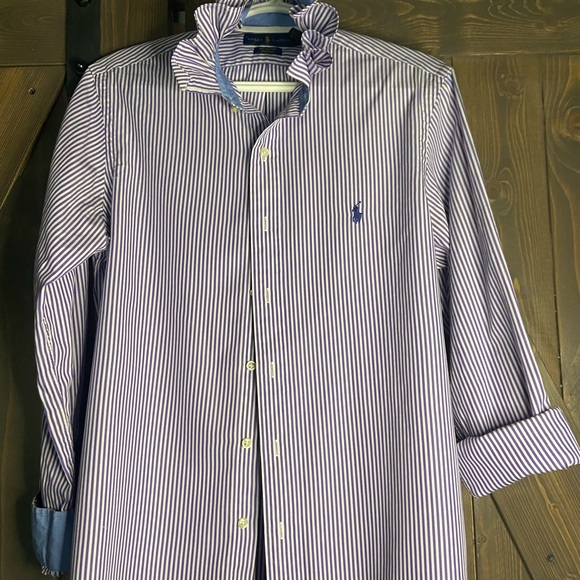 Ralph Lauren Purple and White Striped Ruffle-Collar Button-Down Shirt - Picture 2 of 5